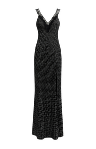 Metallic Chevron Sleeveless Lace-Trim Maxi Dress